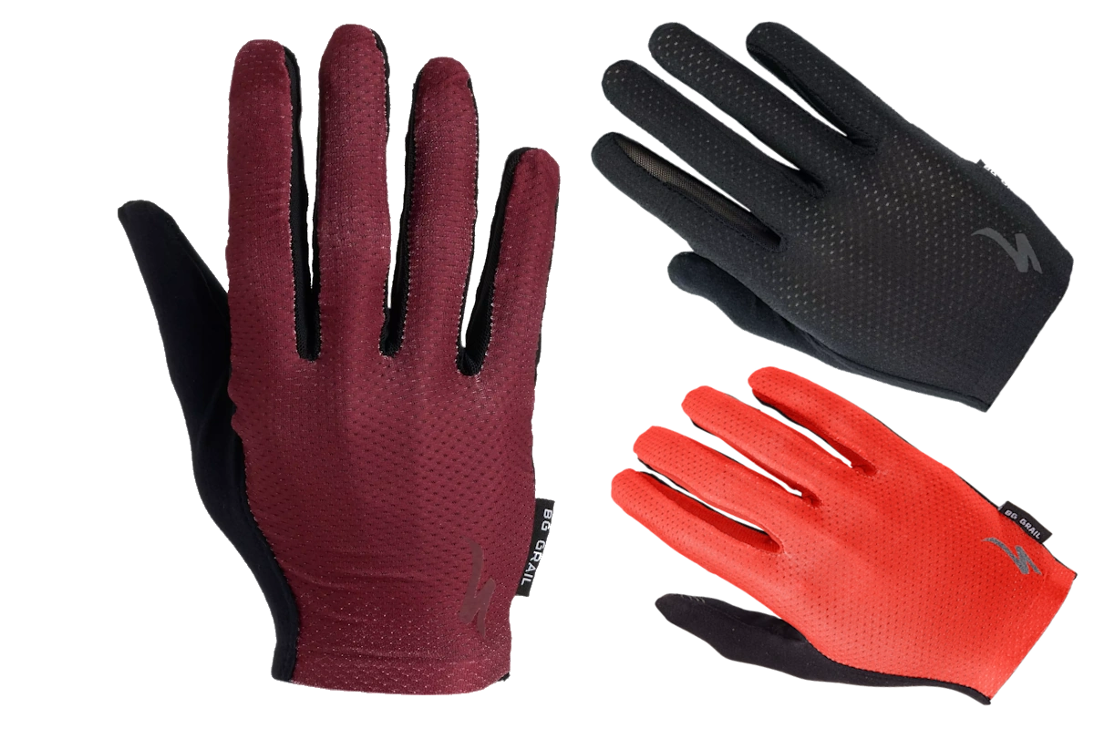 Guantes de dedos largos Specialized Body Geometry Grail con almohadilla Equalizer™ desarrollada por el Dr. Kyle Bickel, palma Clarino™, malla transpirable y compatibilidad con pantallas táctiles.