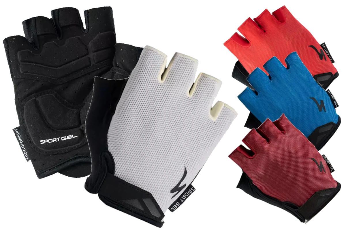 Guantes cortos Specialized Body Geometry Sport Gel con acolchado de gel y espuma para reducir vibraciones y mejorar la comodidad. Palma de microfibra, malla transpirable y cierre de Velcro®.