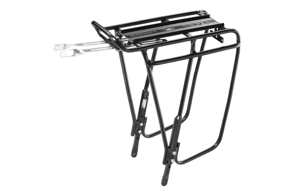 Portabultos trasero Topeak Uni Super Tourist DX Non-Disc aluminio negro patas ajustables barra lateral alforjas - universal ruedas 24-29 700C frenos llanta MTX QuickTrack