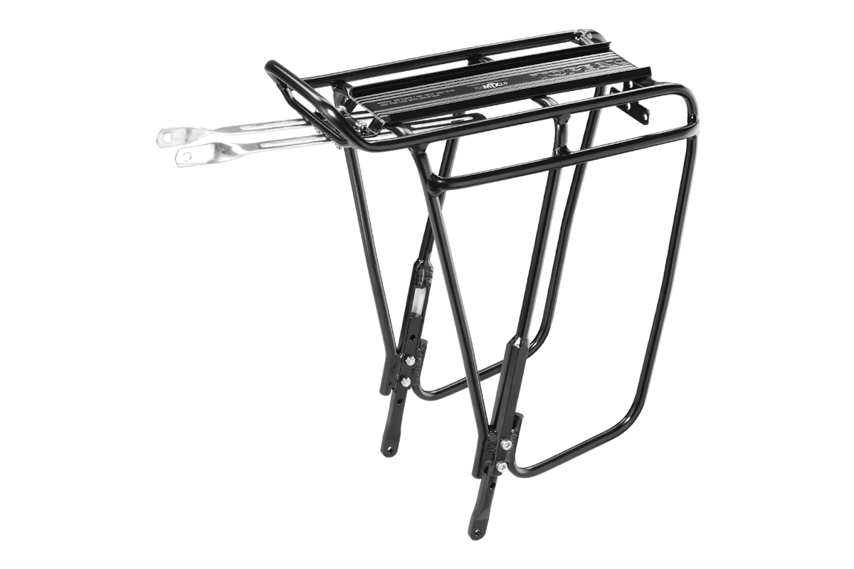 Portabultos trasero Topeak Uni Super Tourist DX Non-Disc aluminio negro patas ajustables barra lateral alforjas - universal ruedas 24-29 700C frenos llanta MTX QuickTrack