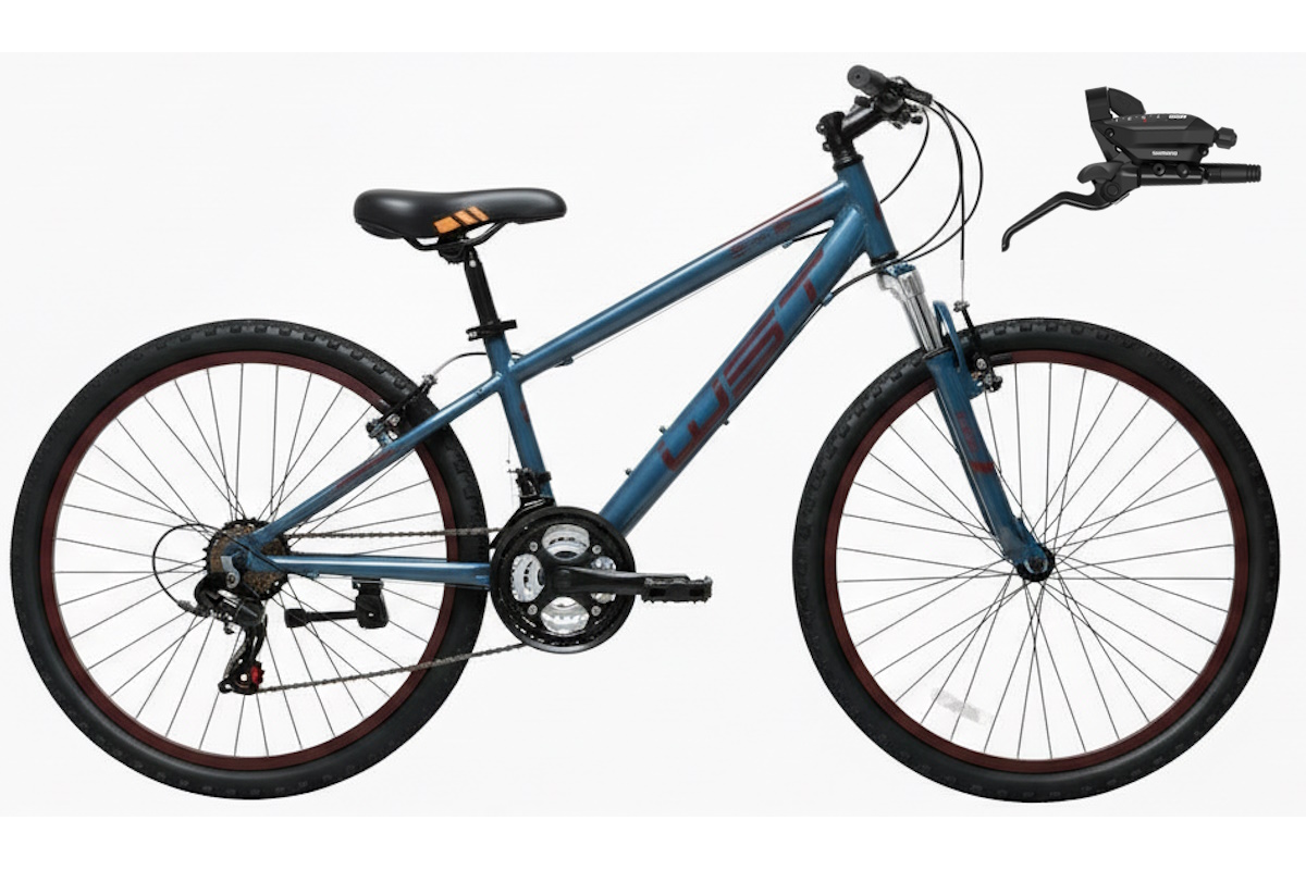 Bicicleta juvenil MTB 24" con horquilla de suspensión, Shimano TX35, mandos ST‑EF51 7V y V‑Brake aluminio. Ruedas WST con cierre rápido
