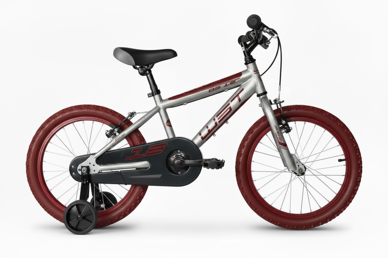 Bici infantil WST 18" en Gris Plata y ruedas rojas, segura y reparable. Ruedas aluminio, V‑Brake y estabilizadores. En thebike.es vendemos bicicletas, no juguetes.