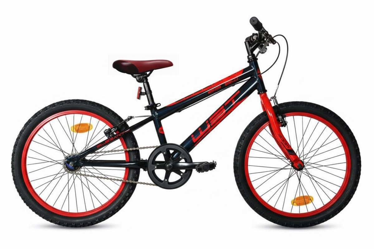 Bici infantil WST 20" 1V color Negro y rojo. V‑Brake aluminio, ruedas WST con cierre rápido, caballete y catadióptricos