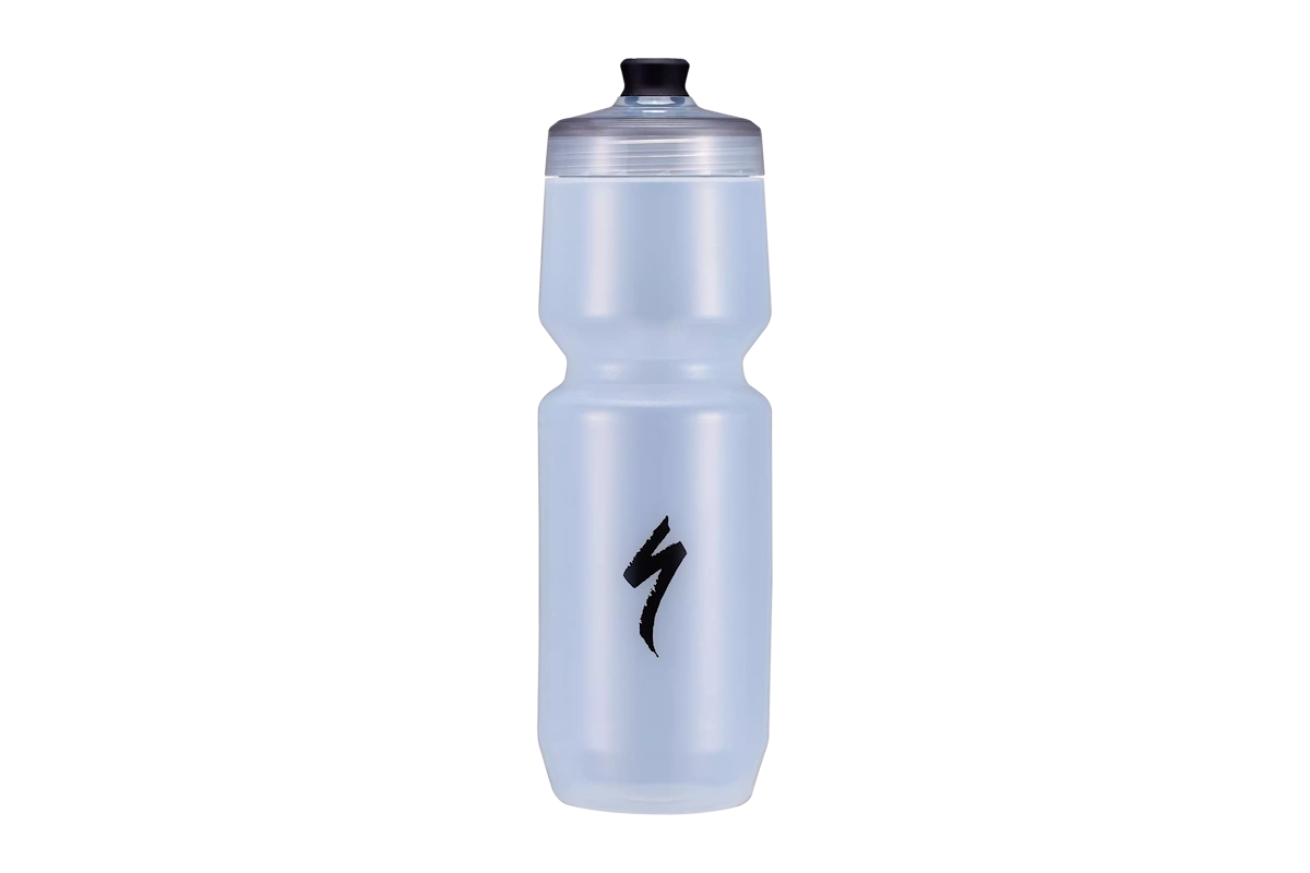 Bidón Specialized Purist Omni 26oz S-Logo Clear, alto flujo con Heart Valve, cierre superior 100% leak-proof y ventana de nivel