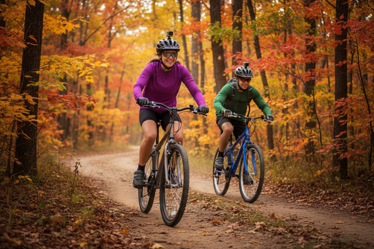 dos chicos pedaleando en mtb en otoño