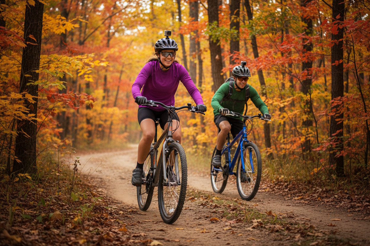 dos chicos pedaleando en mtb en otoño
