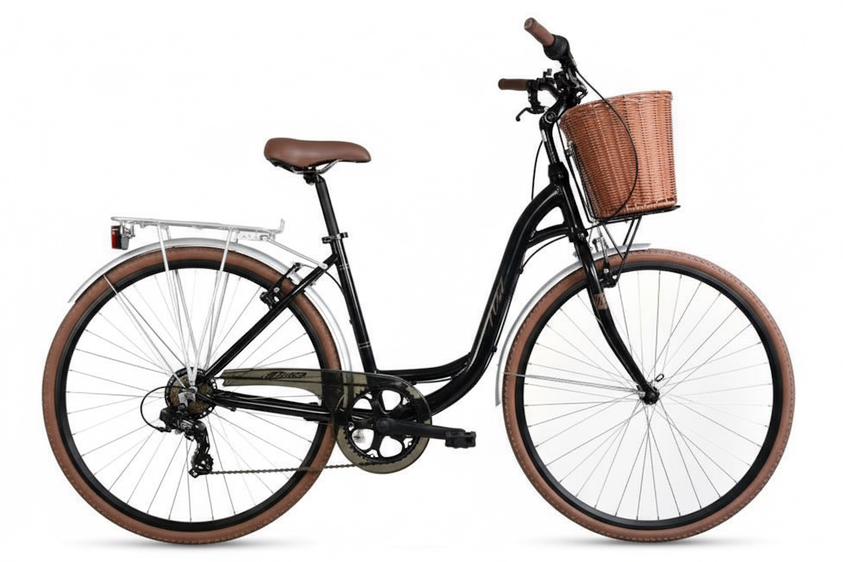 Bici de paseo WST Giara 28″ en negro con Shimano 7V y V‑Brake. Postura erguida, llantas de aluminio y mantenimiento sencillo. Ideal para ciudad. ¡Descúbrela!