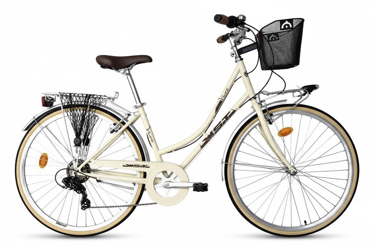 Bici de paseo WST Vera 28″ estilo vintage con 6V, V‑Brake, llantas semi perfil y cesta. Luces, guardabarros y doble transportín incluidos. Confort urbano y mantenimiento sencillo. ¡Descúbrela!