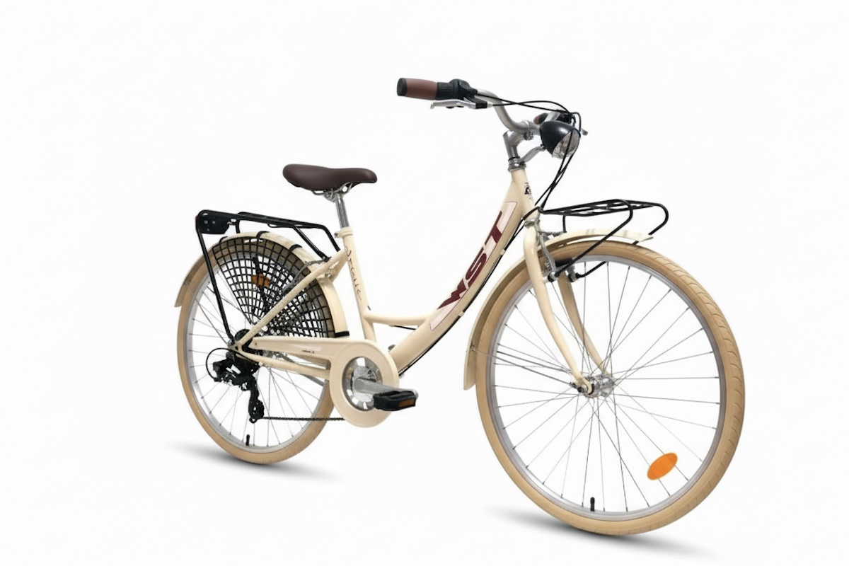 Bici de paseo WST Sousse 26″ estilo vintage con 6V, V‑Brake y doble transportín. Luces, guardabarros y cubrecadenas incluidos. Confort urbano y mantenimiento sencillo. ¡Descúbrela!