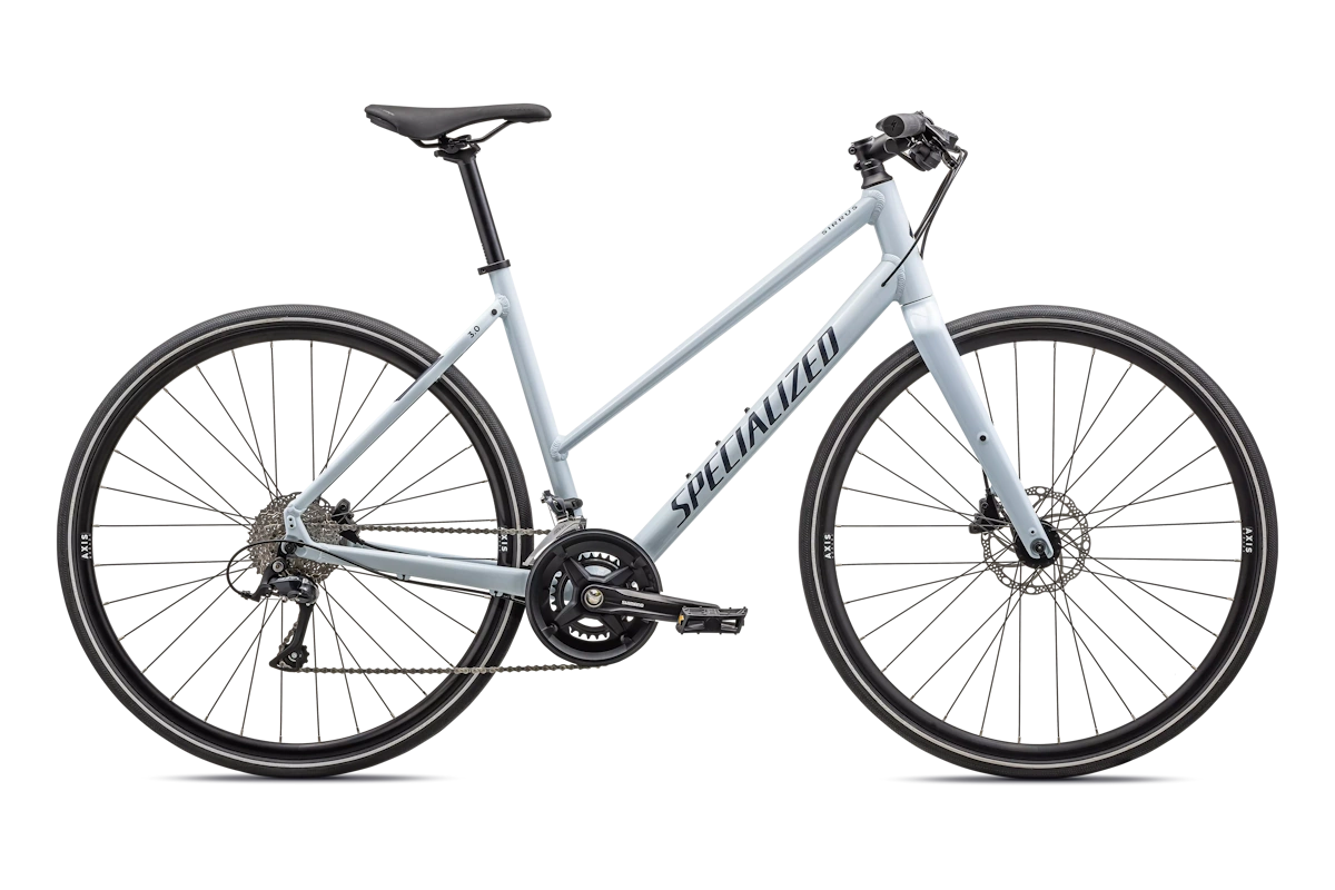 Bicicleta Specialized Sirrus 3.0 2023 cuadro de barra baja (step-through), cuadro de aluminio A1 y horquilla de carbono FACT 9r con frenos de disco hidráulicos.