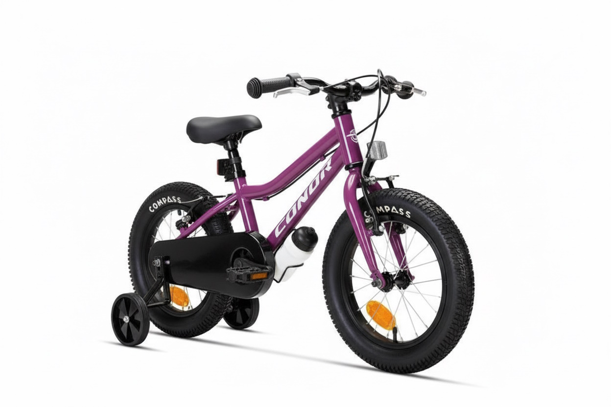 Bicicleta infantil Conor Kid 14 púrpura con ruedines y frenos V‑Brake