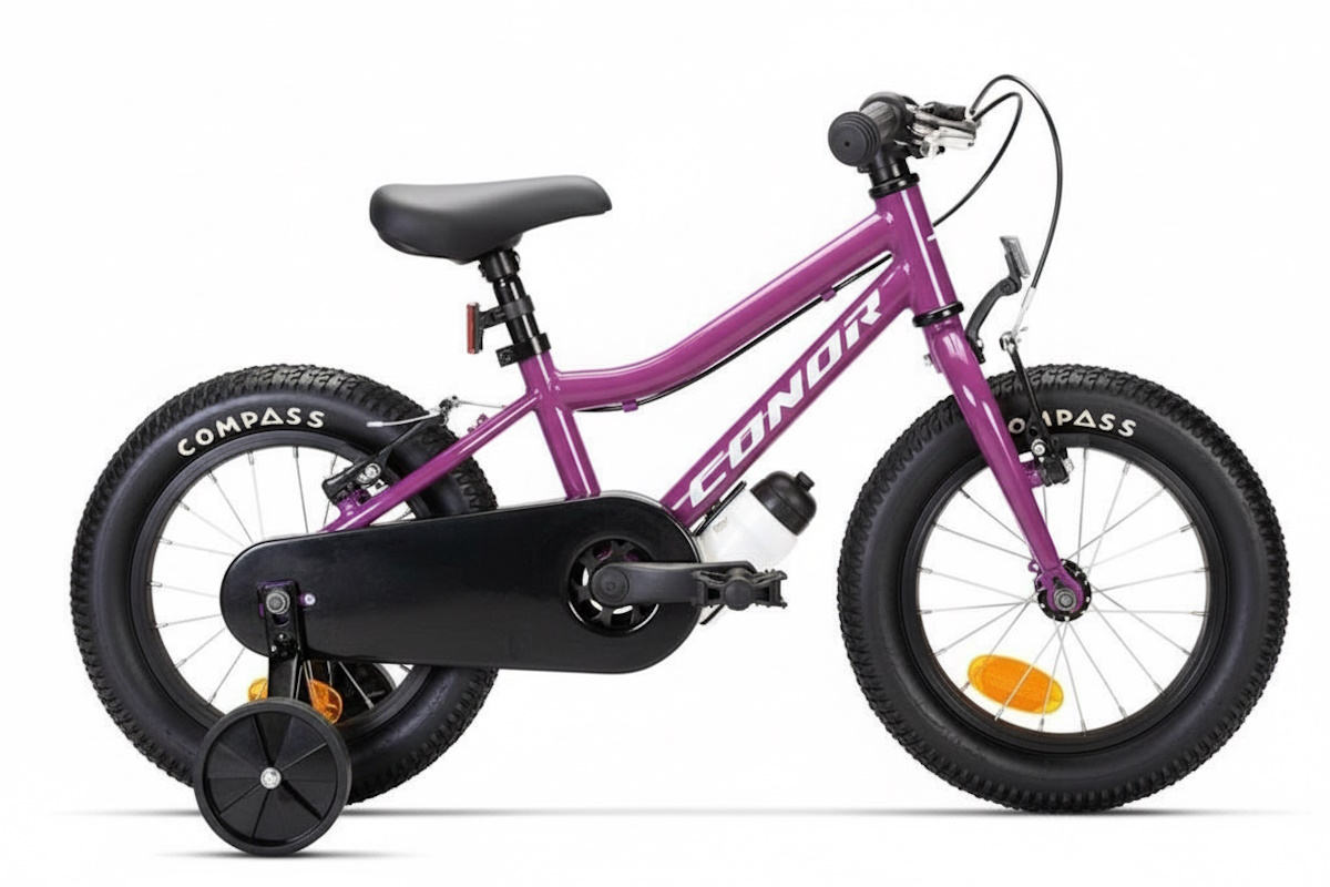 Bicicleta infantil Conor Kid 14 púrpura con ruedines y frenos V‑Brake