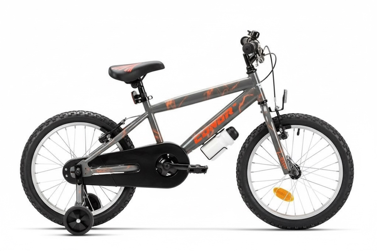 Conor Kid 16" con cuadro sloping, V‑Brake infantil, plato con doble protector y ruedines. Bici segura para 4–6 años