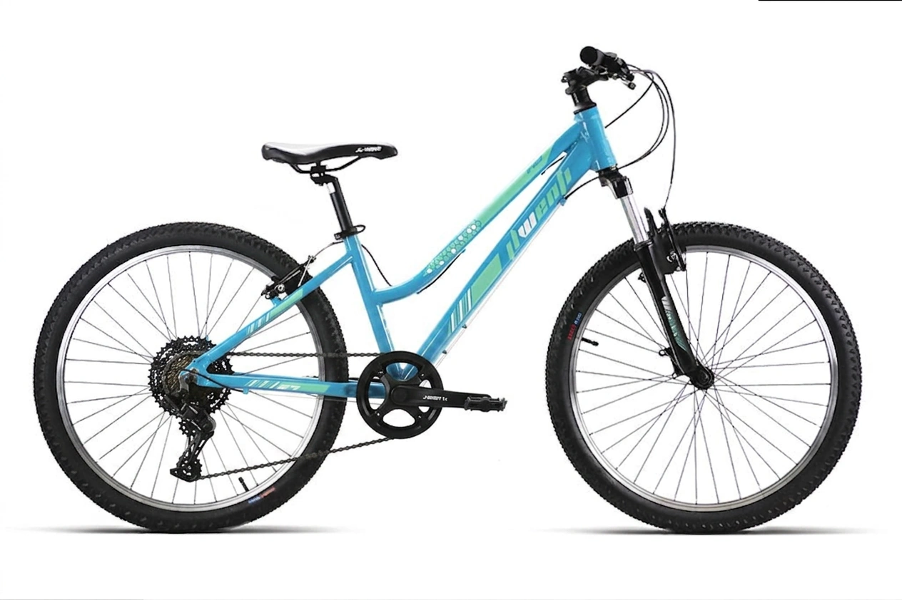 Bicicleta de montaña juvenil 24" con cuadro de aluminio, suspensión delantera y cambios Shimano 1x7. Ideal para niños de 8 a 12 años (130-150 cm). Disponible en rosa y celeste. Envío rápido en thebike.es.