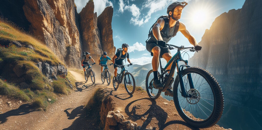 "Imagen de un ciclista en acción montando una bicicleta de montaña Specialized Epic WC en un sendero rocoso, mostrando la adrenalina y la intensidad del ciclismo all mountain. Ideal para amantes del ciclismo que buscan aventuras emocionantes en la naturaleza."