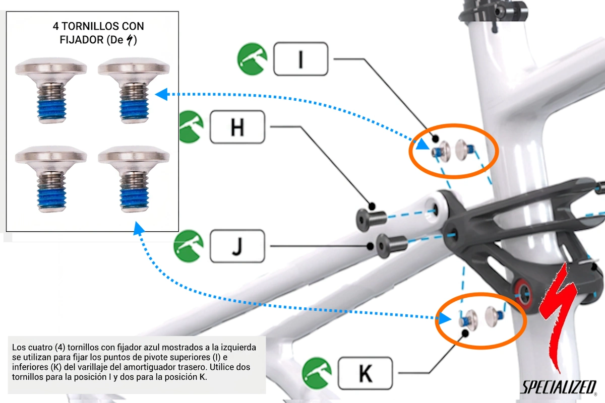 Kit de 4 tornillos de titanio M5×8mm con fijador azul para los pivotes superiores (I) e inferiores (K) del varillaje del amortiguador trasero de la Specialized Epic 8 y Epic EVO. Repuesto original.