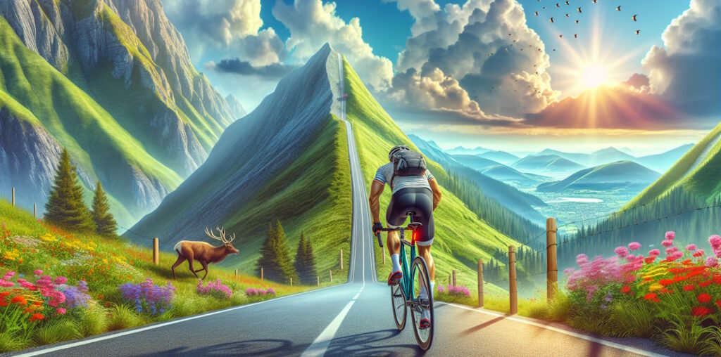 Ciclista subiendo un puerto de montaña empinado rodeado de un paisaje inspirador con naturaleza, flores y un cielo azul radiante - Blog de ciclismo Specialized