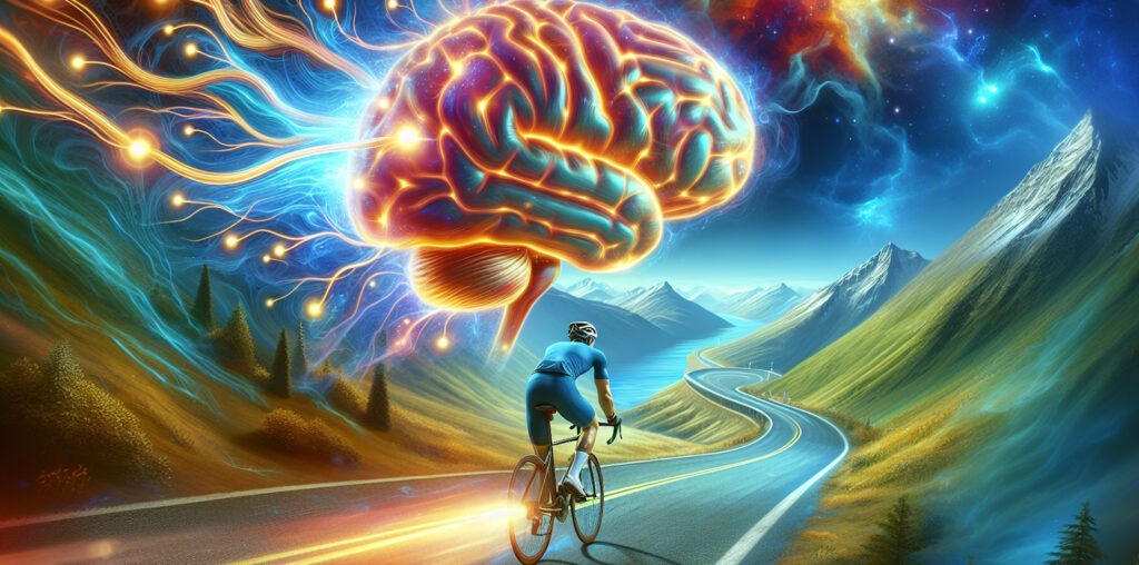 Ciclista pedaleando mientras un cerebro luminoso y potenciado flota sobre su cabeza, simbolizando cómo el ciclismo estimula la neuroplasticidad y el desarrollo mental. Fondo de montaña y colores vibrantes que transmiten transformación y bienestar.