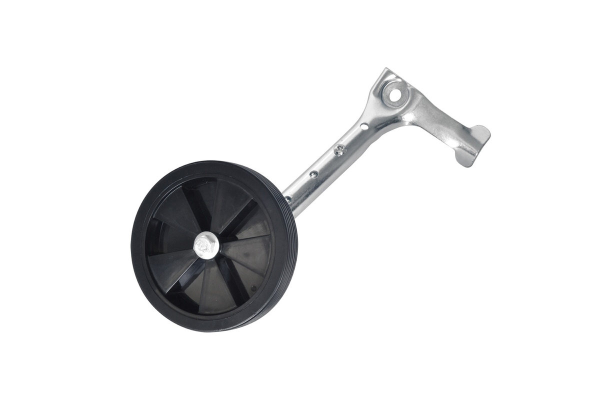 "Juego de estabiciclos V BIKE regulables para bicicletas infantiles de 14 a 20 pulgadas, con ruedas negras de Ø120 mm y sujeción premium con orejeta de refuerzo."