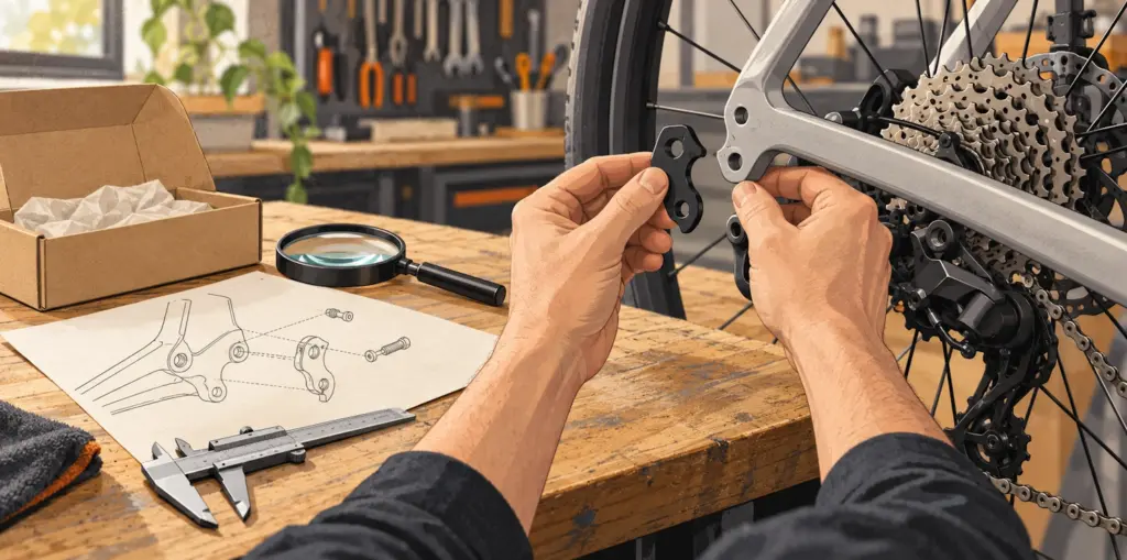 Comprobación de una pieza de bicicleta junto al cuadro, su embalaje y documentación en un taller