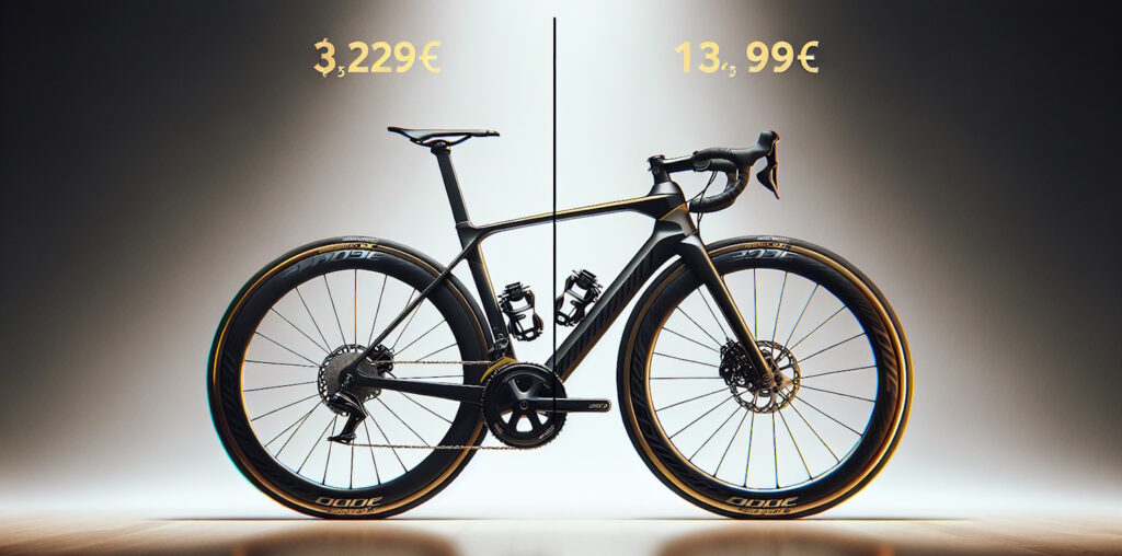 Comparativa visual entre dos bicicletas Specialized Roubaix, mostrando las diferencias de componentes y precio entre el modelo básico y el modelo premium de carretera.