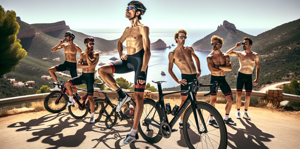 Ciclistas en España posando con bicicletas de alta gama, reflejando la influencia del postureo y la compra emocional frente a la elección técnica e inteligente. Imagen que ilustra el estigma social y la diferencia cultural en la compra de bicicletas en el sur de Europa.