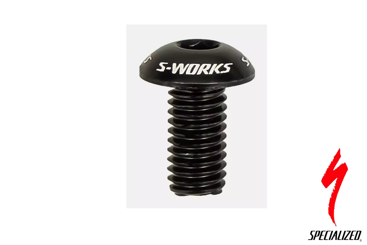 Tornillo portabidón S-Works Specialized corto M5x0.8x10mm original, aluminio ultraligero, logotipo grabado láser, anti-falsificación, distribuidor oficial.