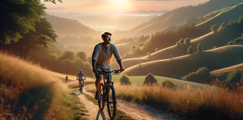 Persona pedaleando en bicicleta de montaña al aire libre, rodeada de paisajes naturales como colinas verdes y árboles, con luz cálida de atardecer, transmitiendo bienestar emocional y conexión con la naturaleza para alcanzar el equilibrio quimico como terapia para la depresion.