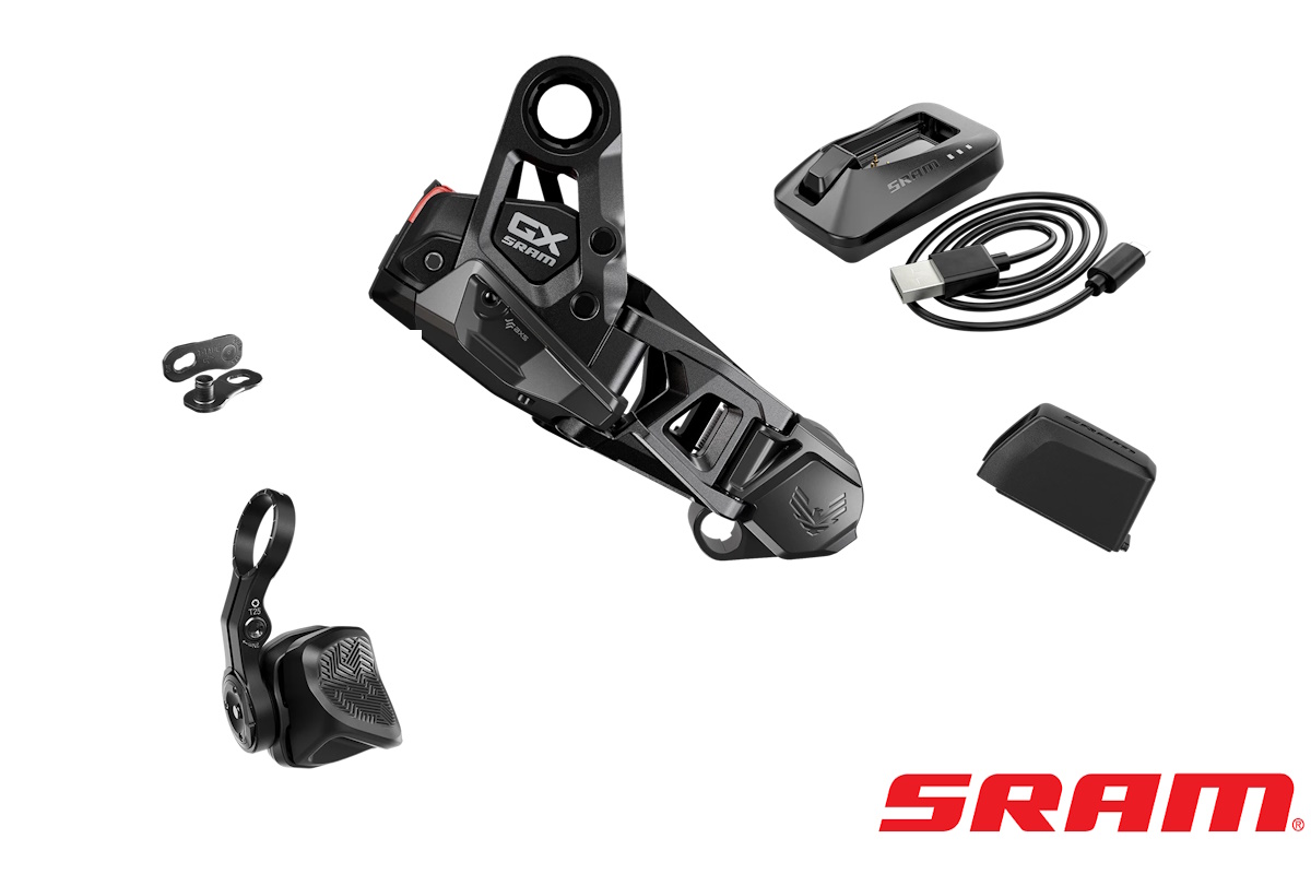 "Kit de actualización GX Eagle AXS de SRAM para MTB competitivo, incluye cambio inalámbrico, batería AXS y controlador de cápsulas, ideal para mejorar el rendimiento en ciclismo de montaña."