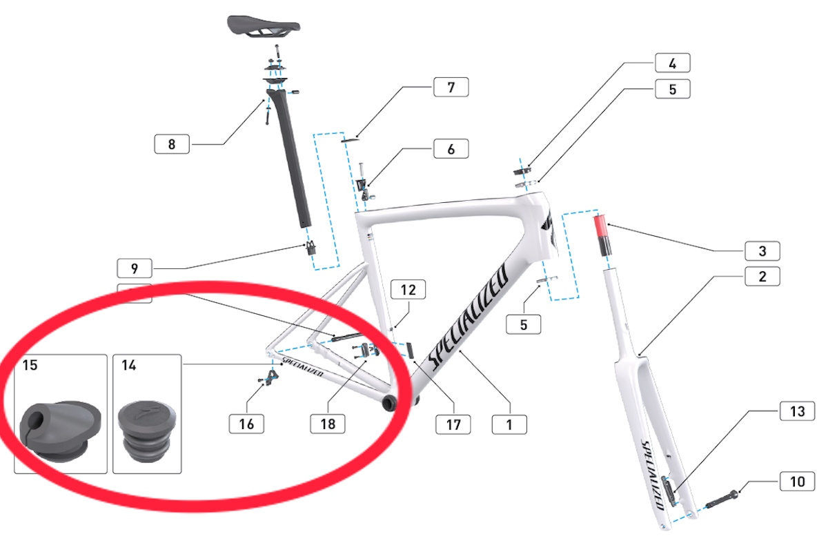 Ojal de goma de dirección S209900054 Specialized original, diseñado para enrutamiento interno de cables Di2 E-Tube, caucho de alta resistencia. esquema