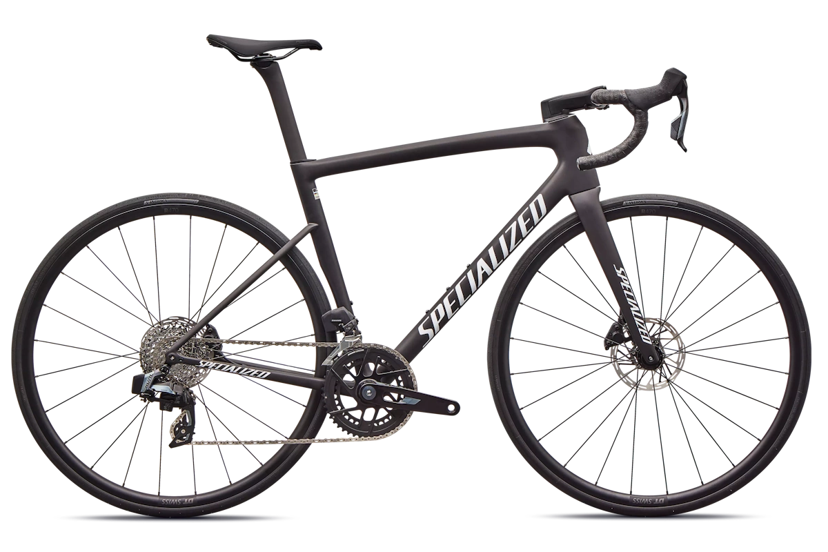 imagen de una bicilñeta de carretera Specialized Tarmac SL8 de color Satin Carbon con cambio inalámbrico Sram Rival AXS