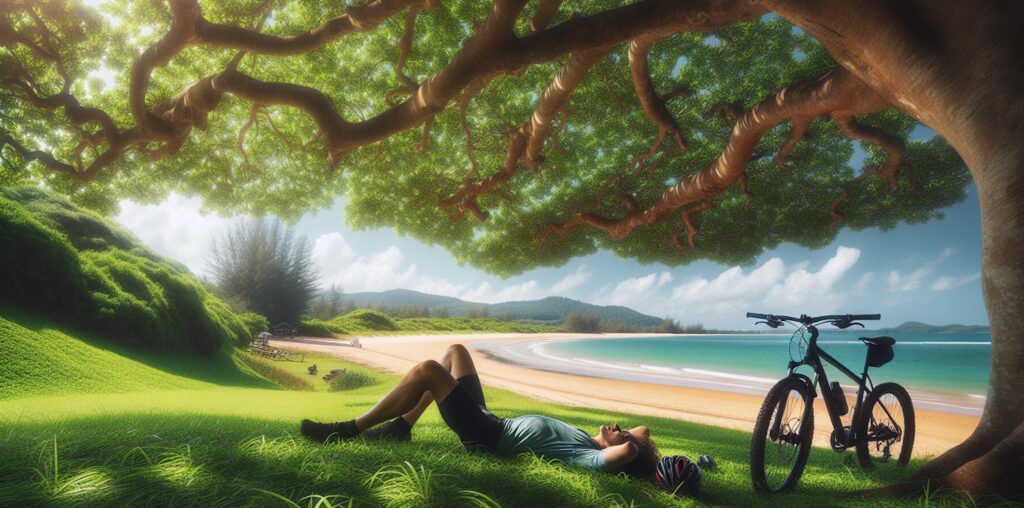 Ciclista tumbado descansando bajo la sombra de un arbol a la orilla de la playa