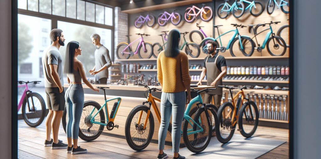 Personas de diferentes contexturas físicas mirando bicicletas eléctricas de estilos urbano, montaña y gravel con gestos de duda en una tienda de bicicletas moderna