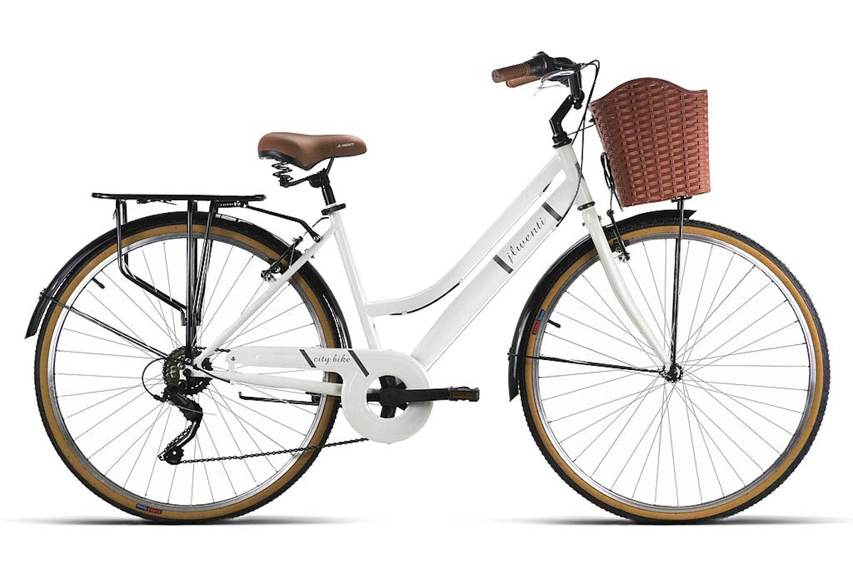 Bici urbana JL Wenti 26" con cuadro de acero, Shimano RevoShift 6V, frenos V‑brake y llantas de aluminio. Incluye portabultos, guardabarros, pata de cabra y cesta delantera. Confort y estilo para la ciudad.