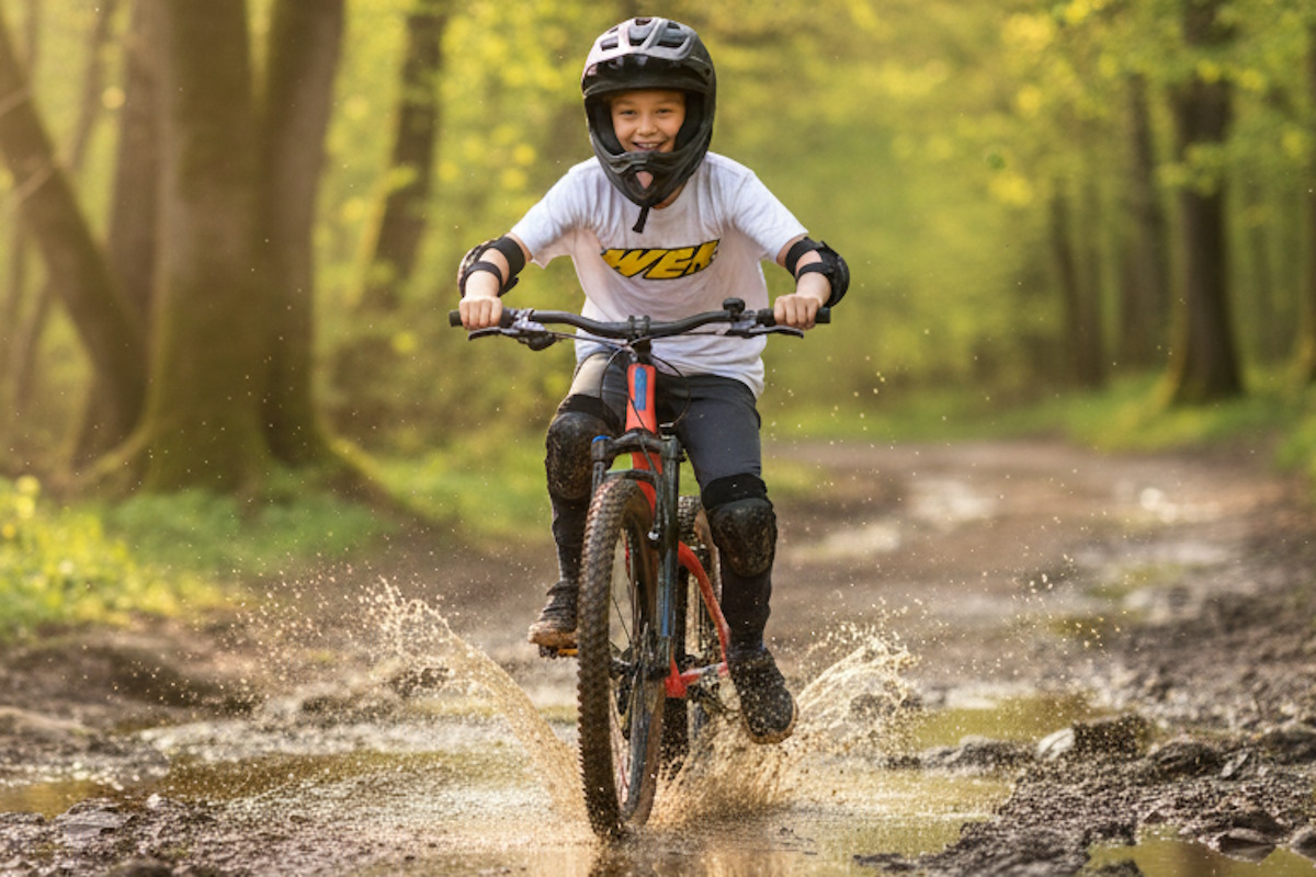niño muy feliz montando en bicicleta de montaña por una senda con barro