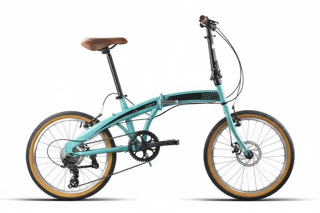 Bicicleta plegable JL‑Wenti 20 pulgadas acero con llantas de aluminio, cambios Shimano 6v y pedales plegables, color verde menta.