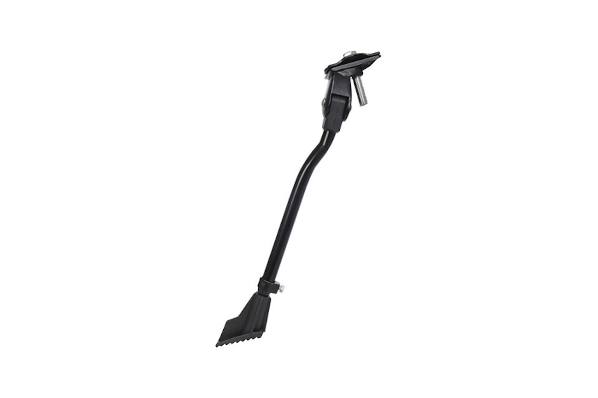 Caballete central OXC Bigfoot negro de aleación de aluminio, con pata ajustable para ruedas de 24" a 29". Montaje junto al pedalier y pie ancho dentado para máxima estabilidad.