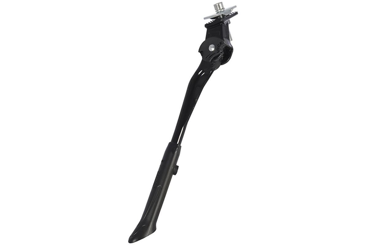 Caballete central OXC Twisted Kickstand negro, ajustable para bicicletas de 24" a 28". Anclaje central junto al pedalier y mecanismo de plegado, ideal para bicis urbanas y de trekking.