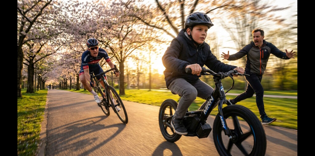 niño en una ebike ilegal a punto de tener un accidente sin seguro de responsabilidad civil