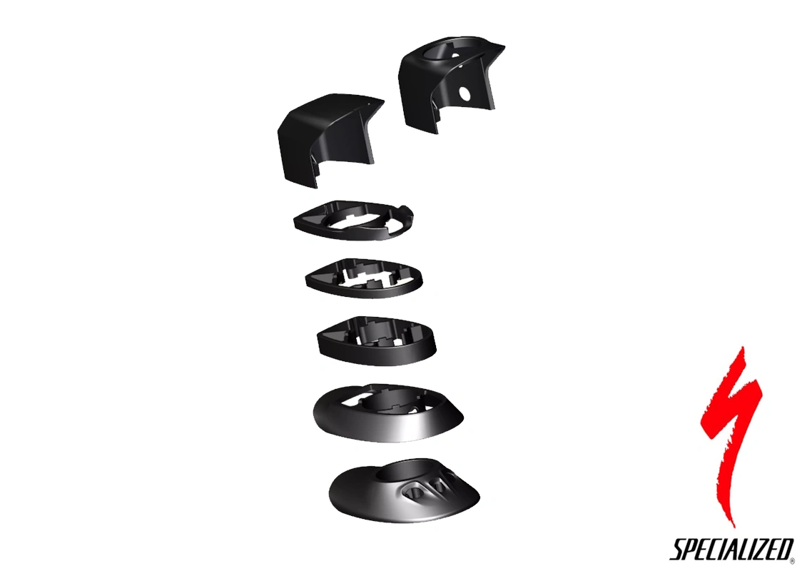 Kit de cubiertas y espaciadores dirección/potencia para Specialized Venge 2019-2021. Incluye transición inferior con puertos y tapas flush/larga.