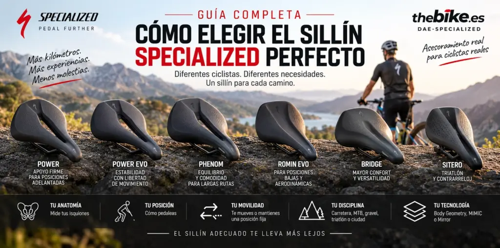 Guía para elegir sillín Specialized comparando Power, Power EVO, Phenom, Romin EVO, Bridge y Sitero según anatomía, posición y uso