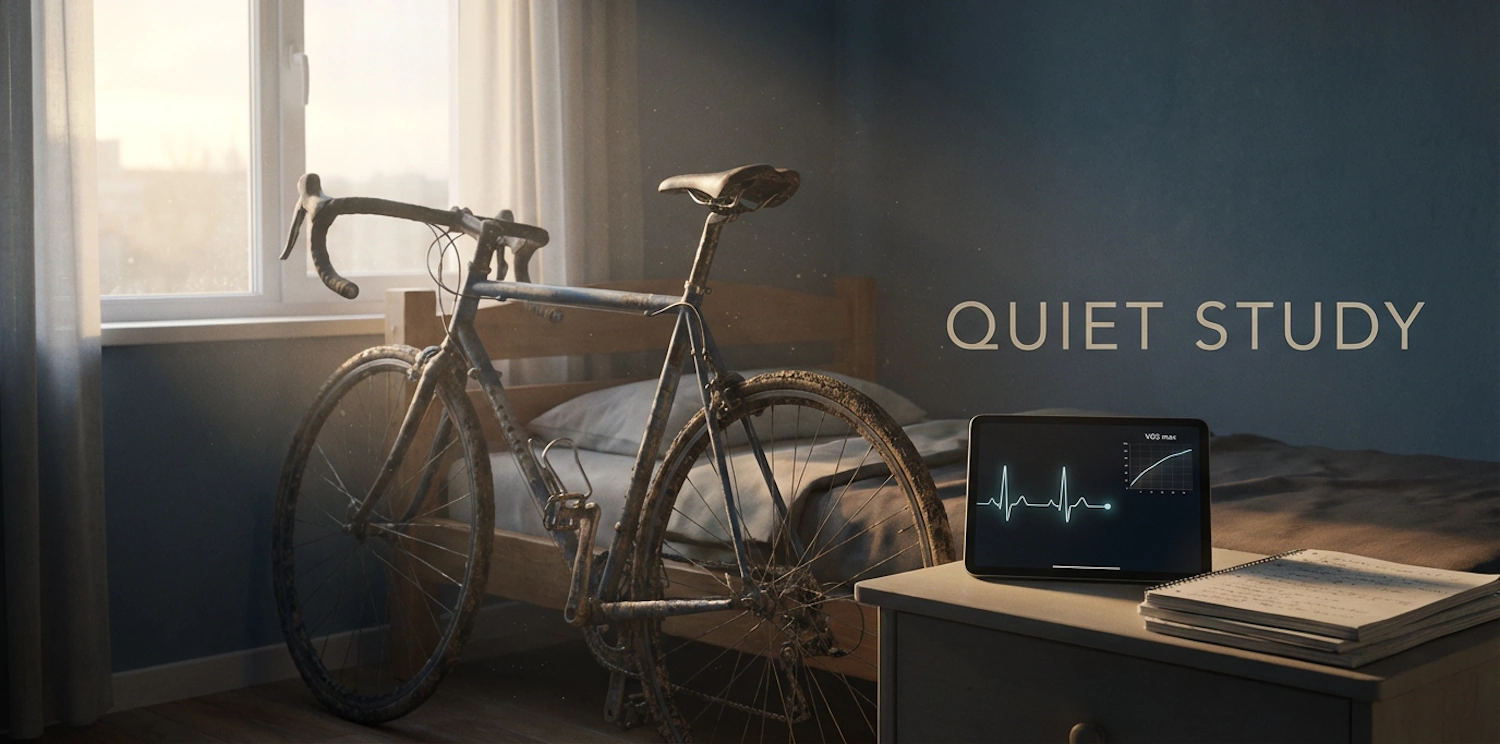 Imagen de una bicicleta con barro al lado de una cama con una mesilla de noche al lado y un monitor con una gráfica de ritmo cardíaco