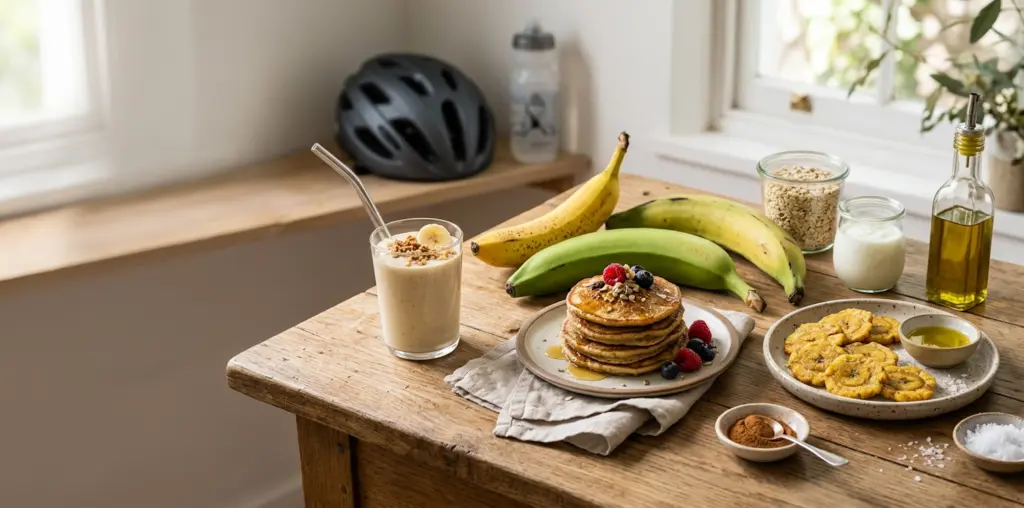Plátano verde, maduro y macho preparados para ciclistas en cocina