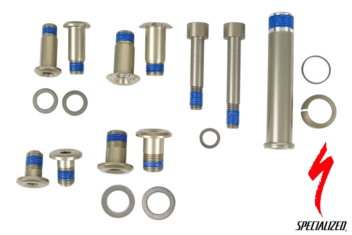 Compra el kit de pivotes de suspensión Specialized S160500001 para Stumpjumper y Rhyme FSR 2016-2018. Incluye hardware de pivotes, bieletas y tornillo superior del amortiguador.