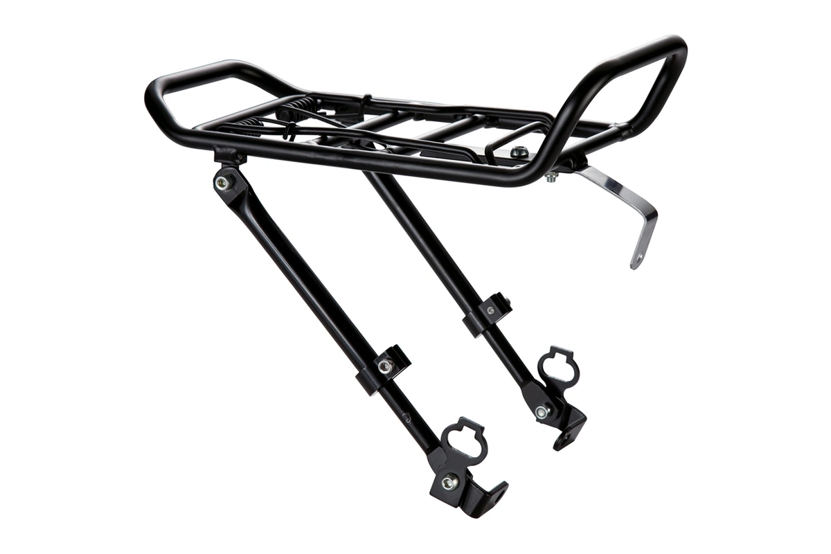 Portabultos delantero Ostand de aluminio para bicicletas de 24", 26" y 28". Compatible con pivotes V-Brake, puente de horquilla y frenos de disco. Ideal para ciudad y trekking, con carga máxima de 10 kg.