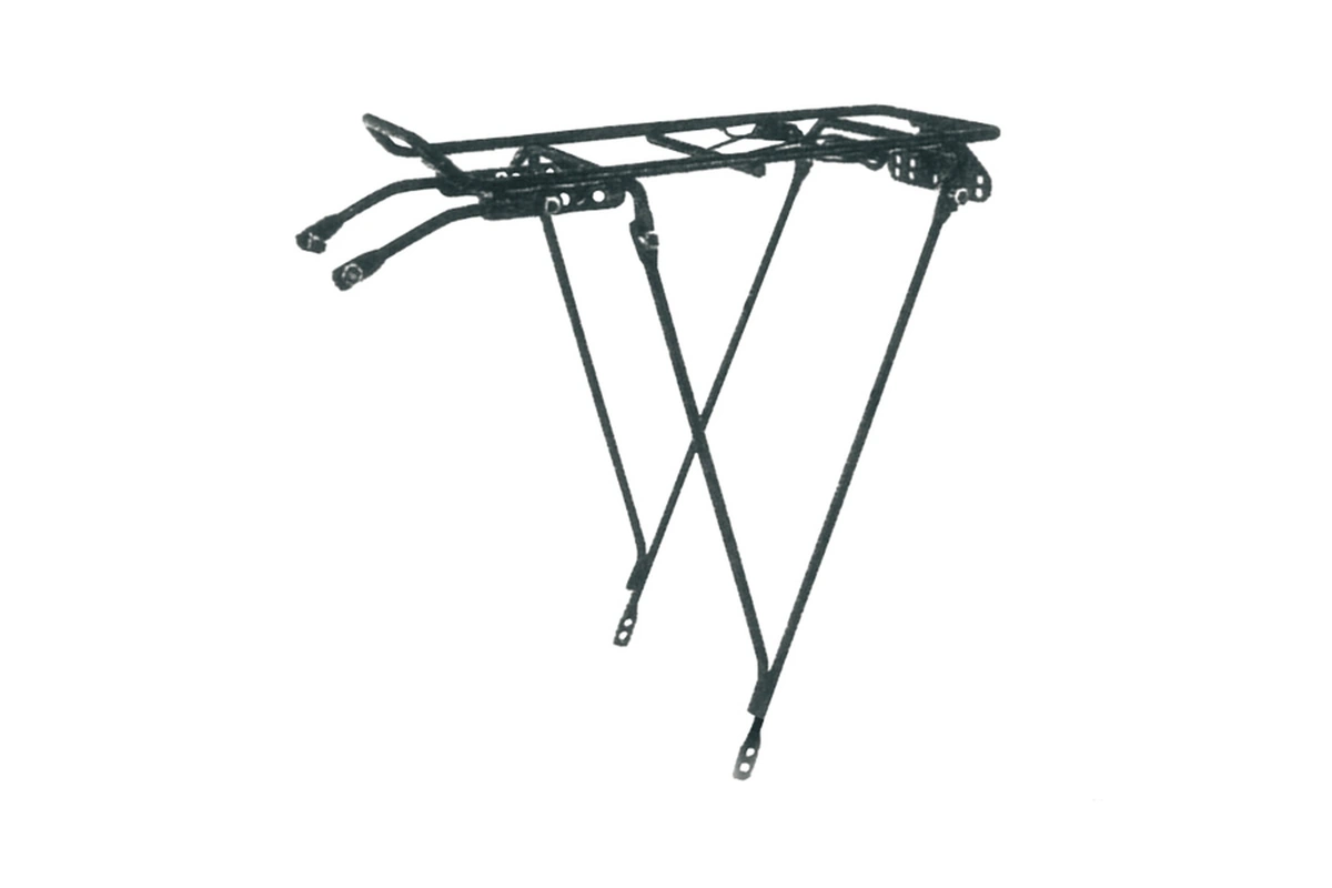 Portabultos trasero V BIKE de acero en color negro, regulable para bicicletas de 26", 28" y 700C. Carga máxima de 15 kg. Ideal para carretera, ciudad, gravel y trekking.