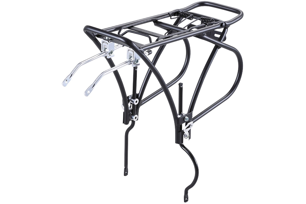Portabultos trasero Ostand de aluminio negro para bicicletas con freno de disco. Regulable para 26", 28" y 700C, especial para alforjas y con capacidad máxima de 25 kg. Ideal para ciudad y trekking/touring.