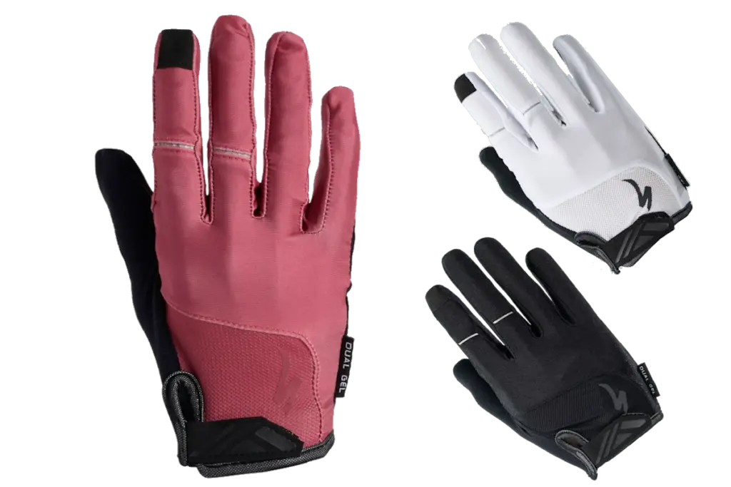 Guantes largos Specialized Body Geometry Dual-Gel con doble capa de gel para amortiguar vibraciones, reducir entumecimiento y mejorar la comodidad. Compatibles con pantallas táctiles.