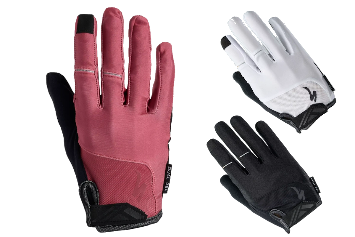 Guantes largos Specialized Body Geometry Dual-Gel con doble capa de gel para amortiguar vibraciones, reducir entumecimiento y mejorar la comodidad. Compatibles con pantallas táctiles.