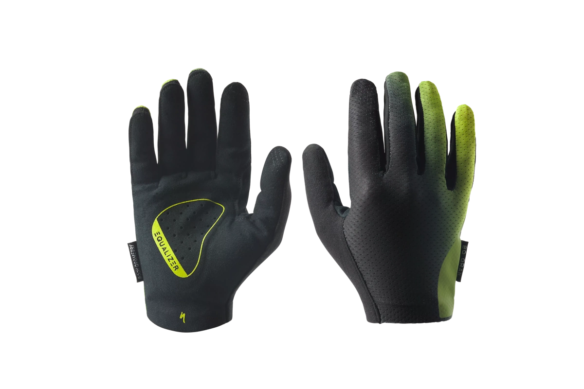 Guantes largos Specialized HyprViz Body Geometry Grail para mujer con almohadilla Equalizer™, palma Clarino™, malla transpirable y alta visibilidad. Ayudan a reducir el entumecimiento de las manos.
